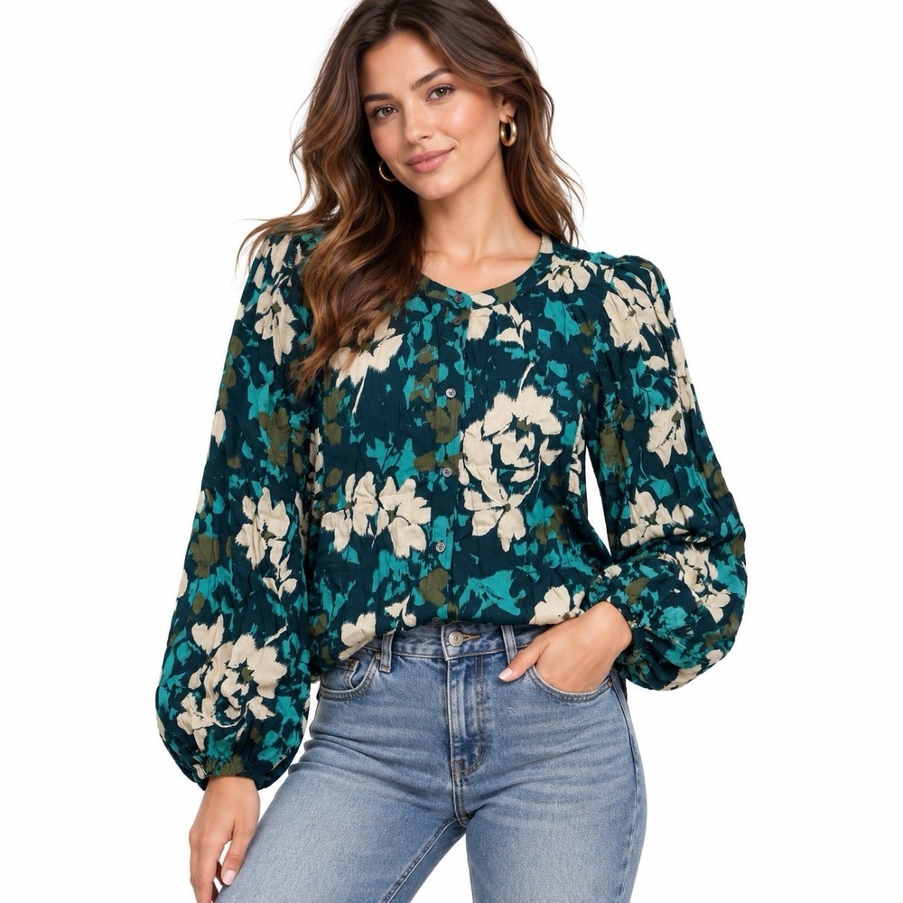 LOFT Career Party Blouse Puff Sleeve Womens XL Floral Pleated Button Front Teal